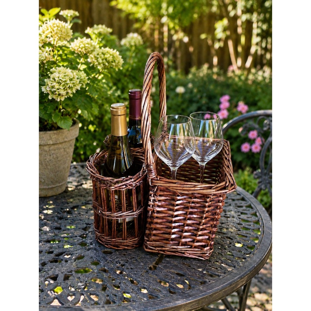 Vintage Wicker Wine Picnic Basket 2 Bottle Holder & Glassware Caddy Brown